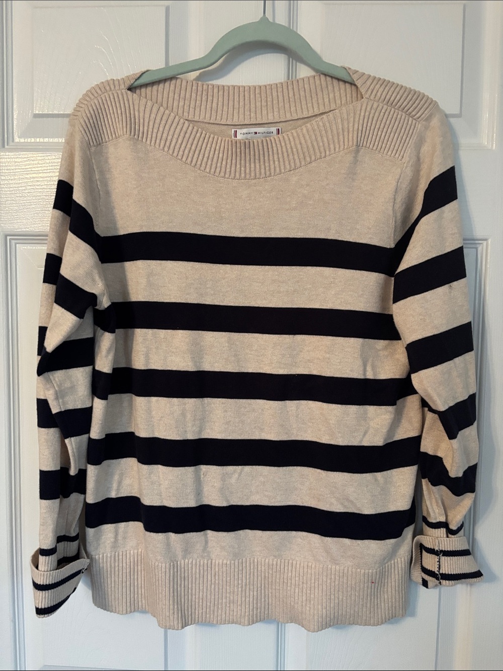 Tommy Hilfiger Cream and Black Striped Boatneck Sweater